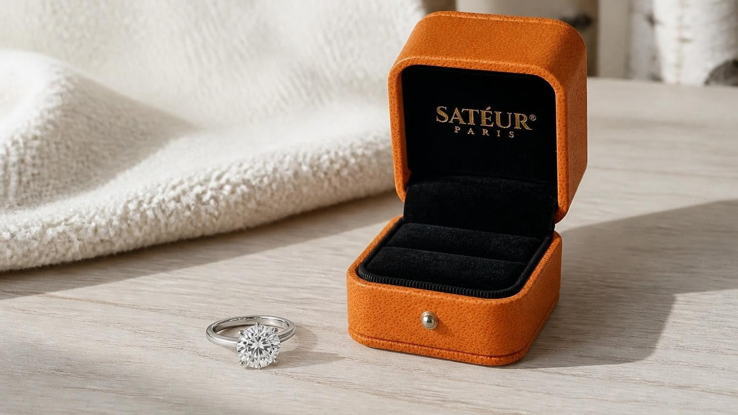 Engagement ring for large hands — Satéur Destinée Ring with open orange Satéur ring box