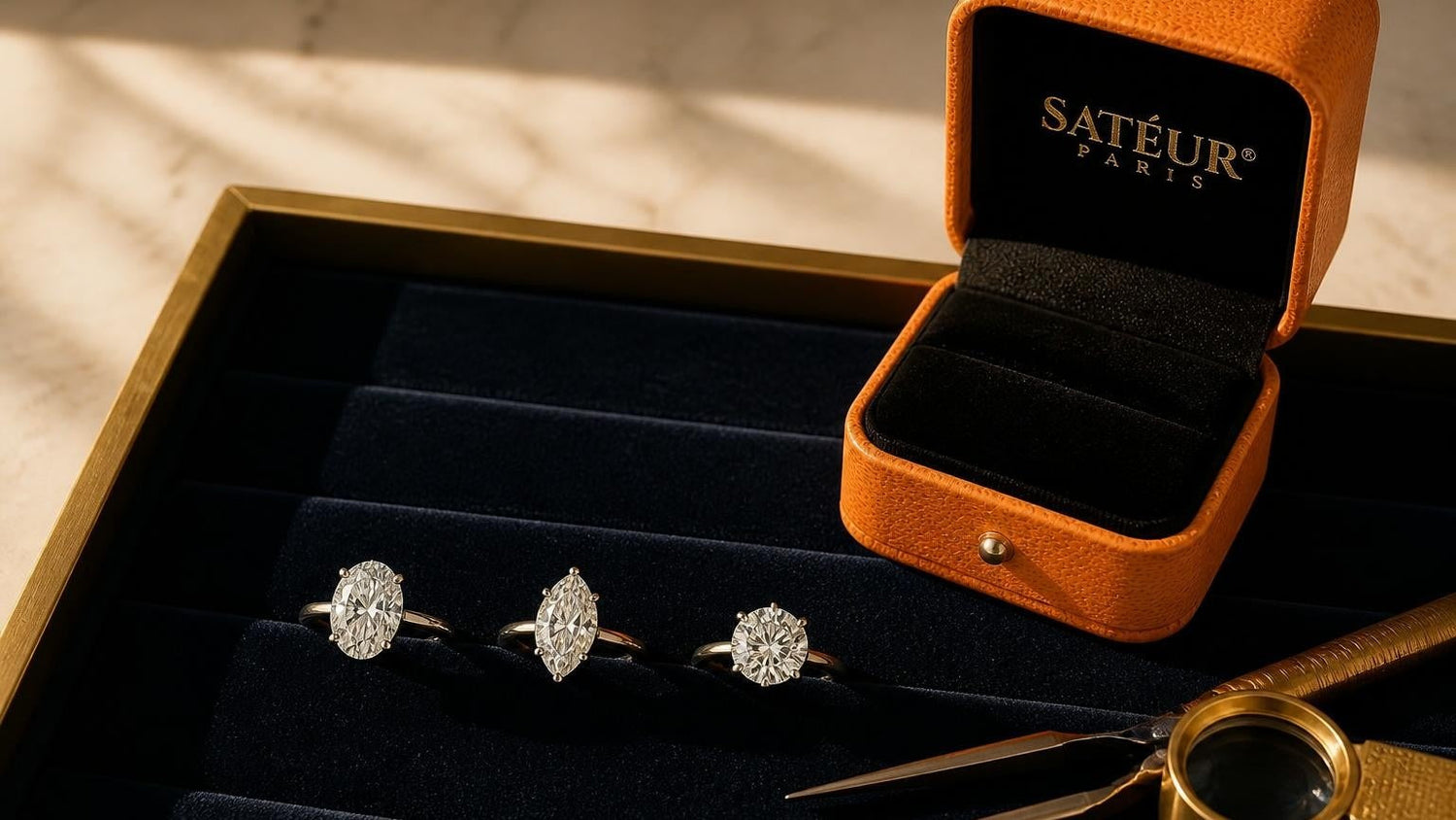 Engagement ring for small hands — oval, marquise, and round cuts on navy velvet