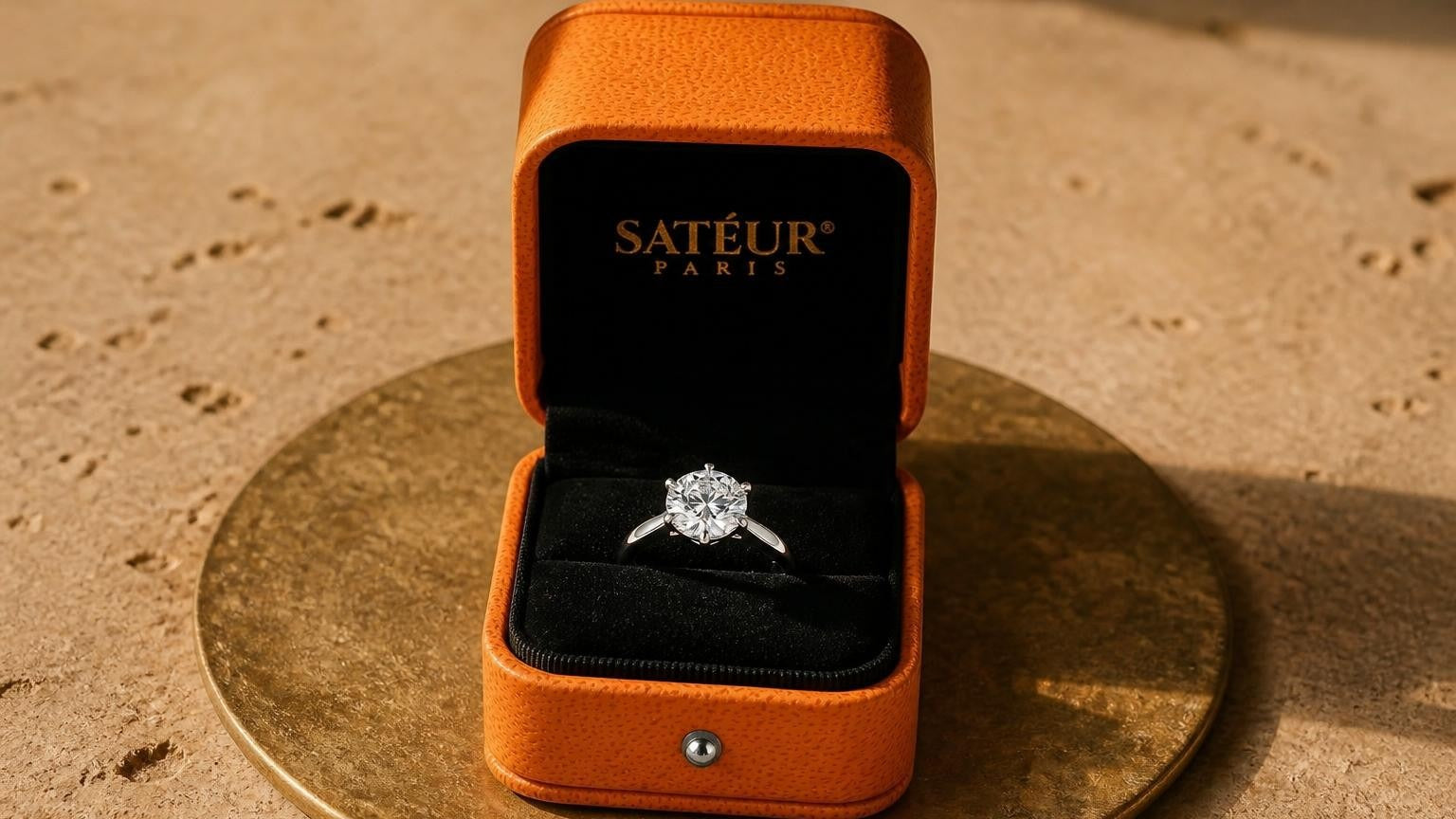Open Satéur ring box on warm limestone surface — engagement ring insurance guide