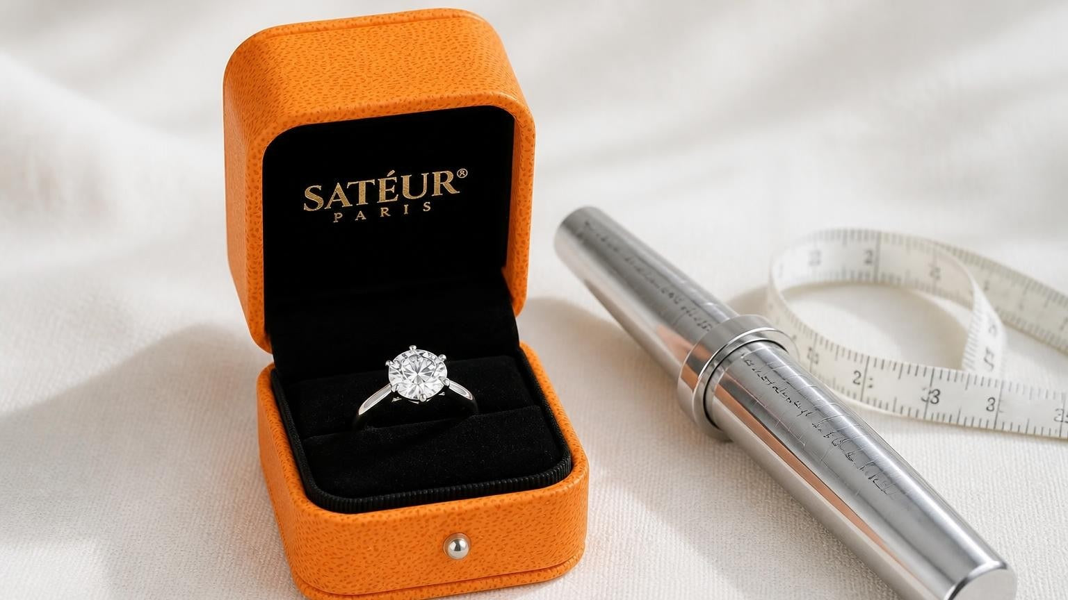 Engagement ring size chart — Satéur ring in open box with measuring tape