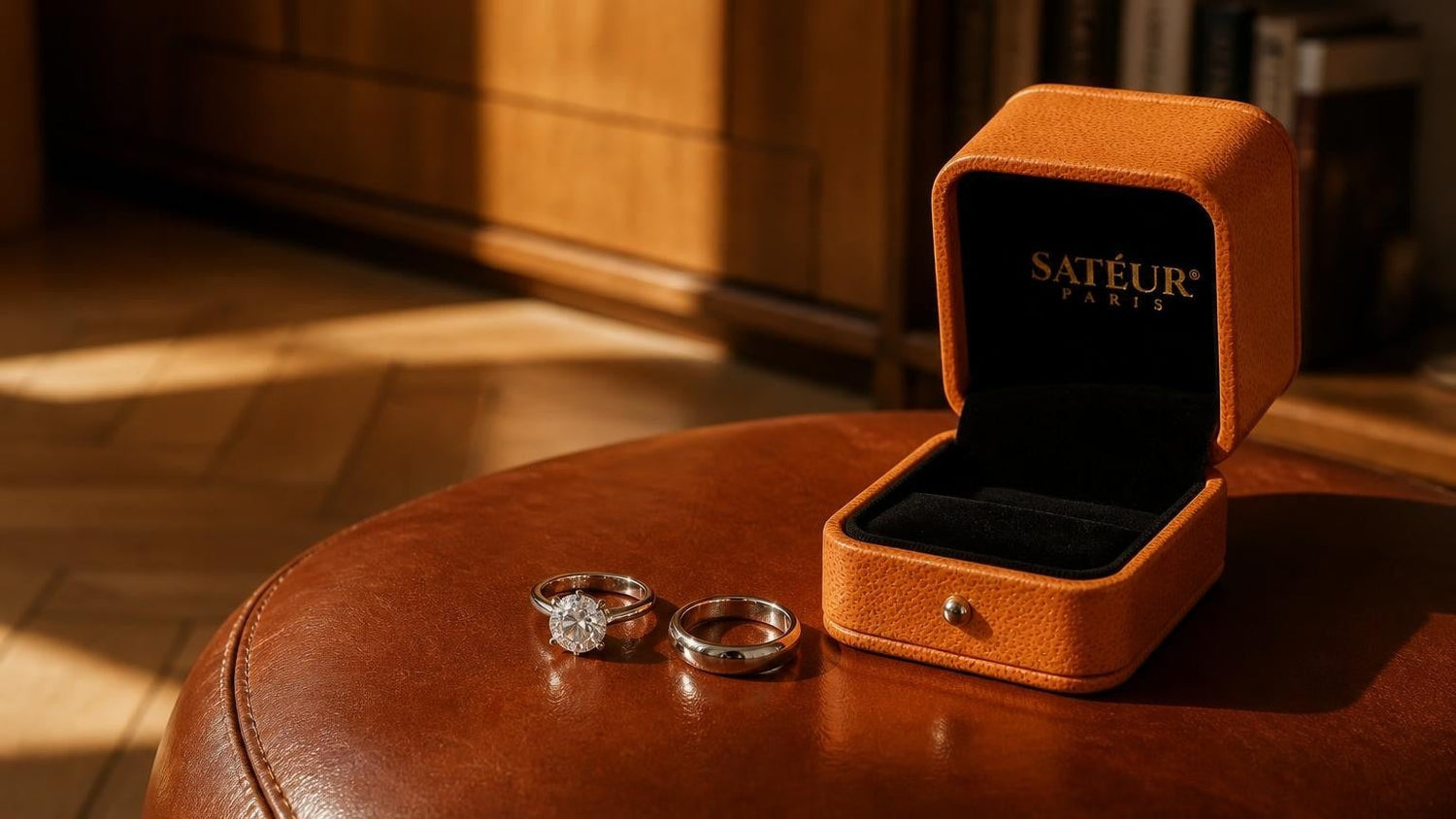 Engagement ring and wedding ring in warm study setting with Satéur ring box