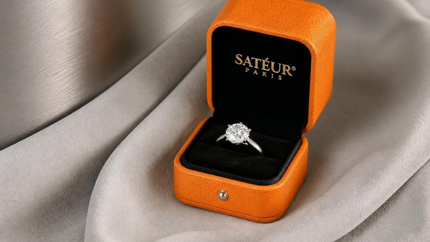 Satéur Gems® diamond simulant ring with open orange Satéur Paris ring box