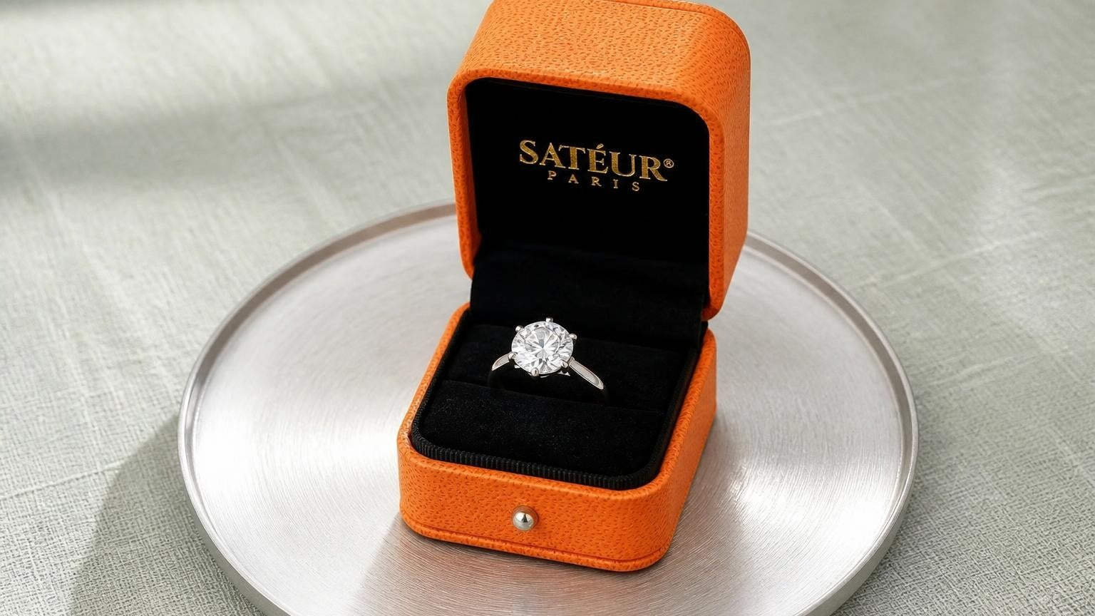 diamond simulant ring in open Satéur orange box on pale-sage linen surface