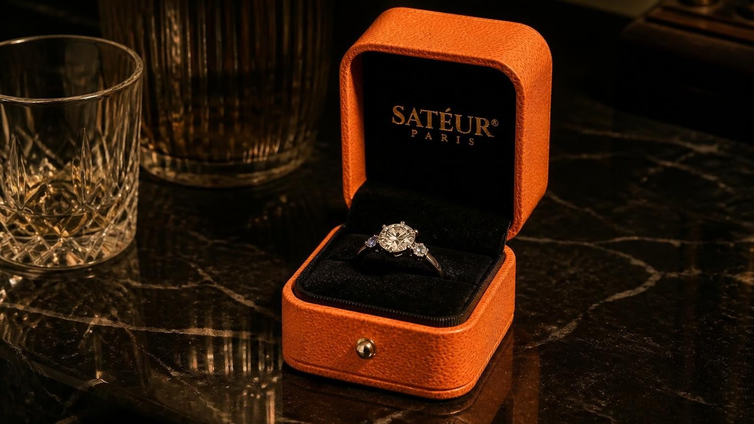 First-mother ring — Satéur Gems diamond-look birthstone ring in 18k white gold with orange Satéur box