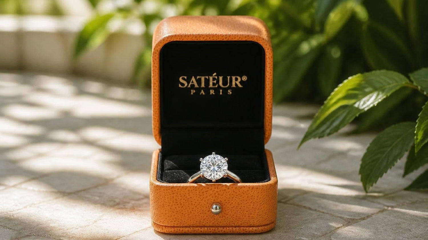 Glow-up ring — Satéur Destinée Ring with open orange Satéur ring box in sunlit conservatory