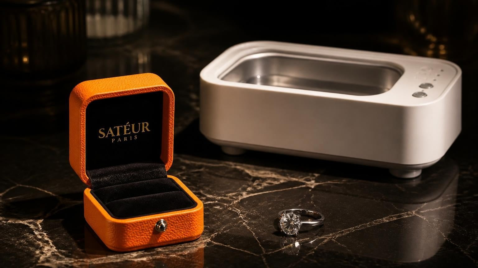 Satéur ultrasonic jewelry cleaner with open orange Satéur ring box on black marble