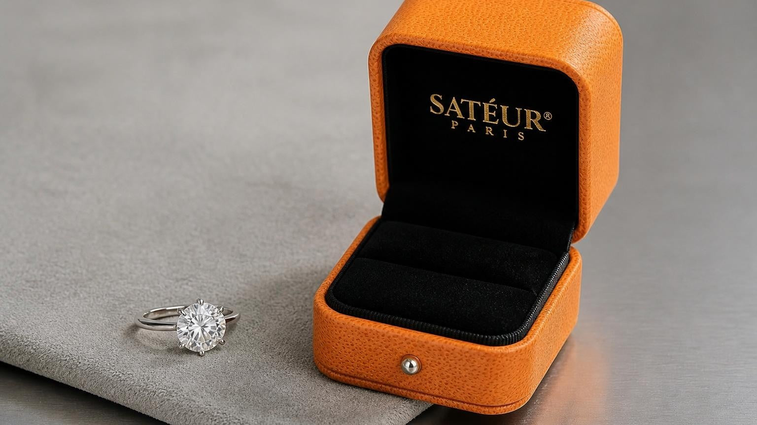 Engagement ring beside open Satéur ring box on dove-grey suede