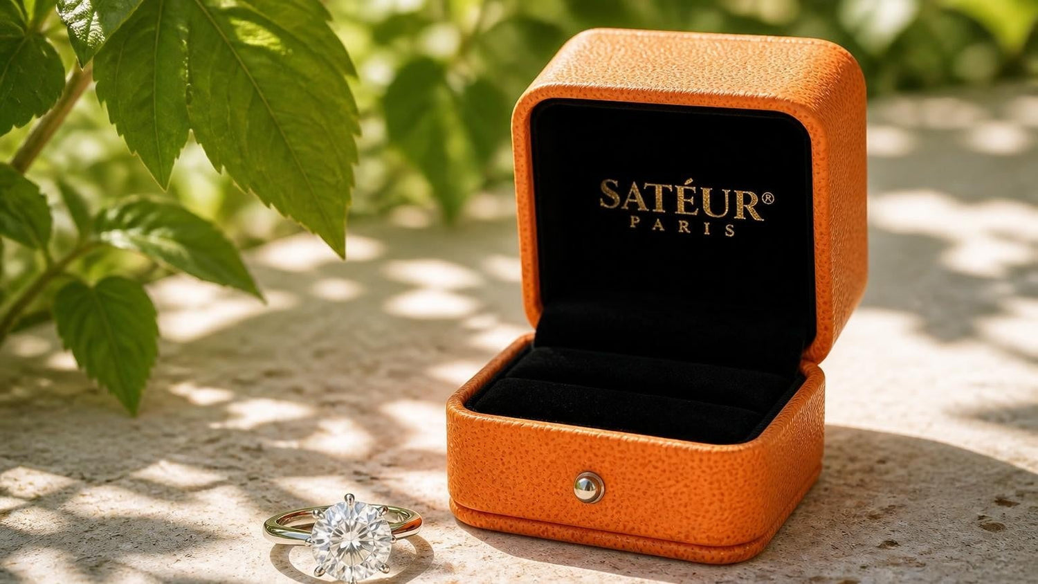 How to spot a fake diamond — Satéur ring and open orange box in sunlit conservatory