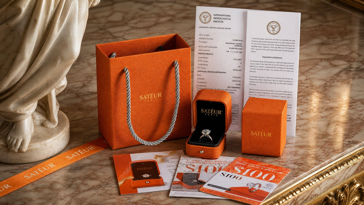 IGI certified lab grown diamond – Satéur certificate and packaging