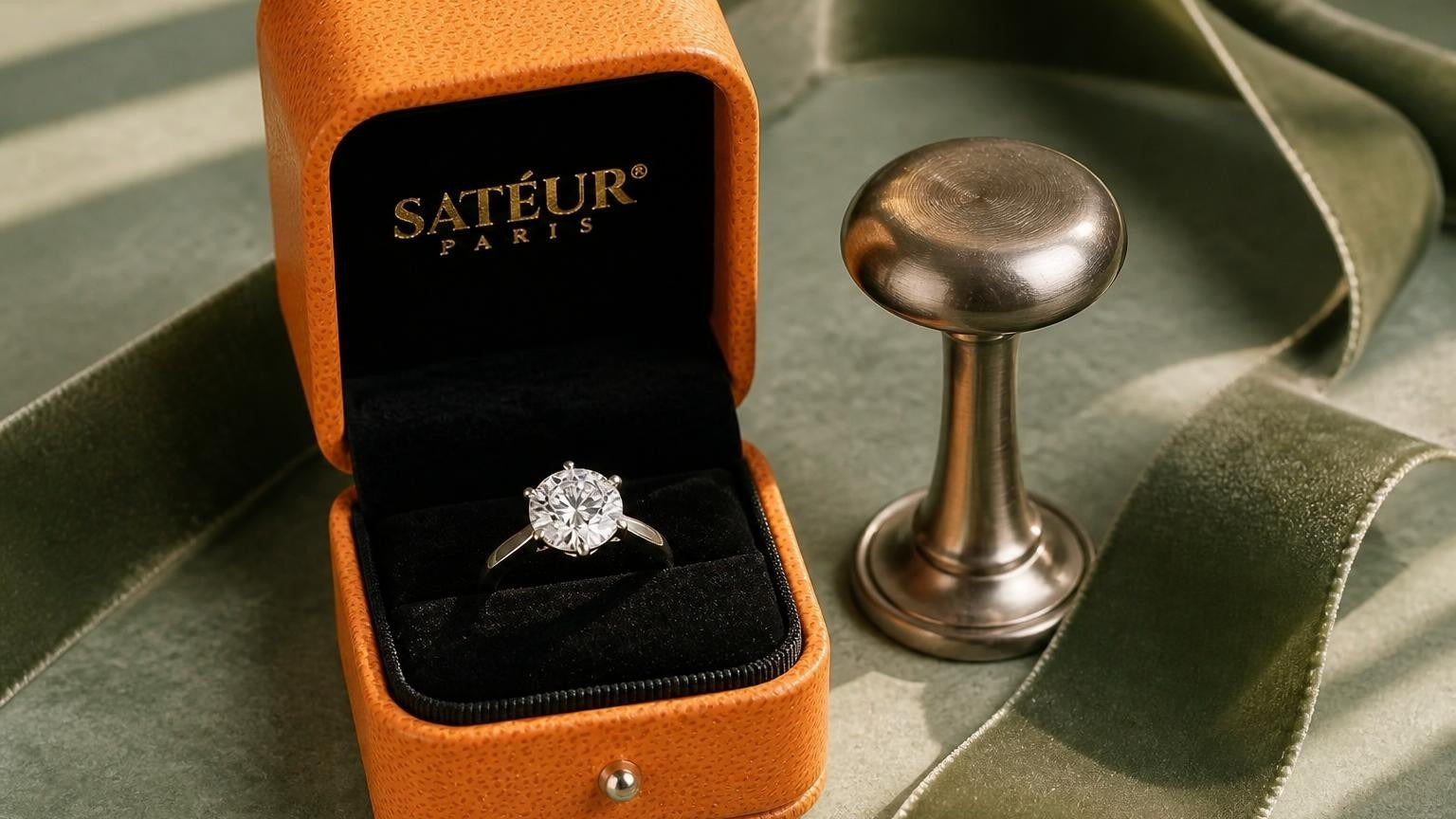 Satéur infinity engagement ring in open orange box with black velvet interior