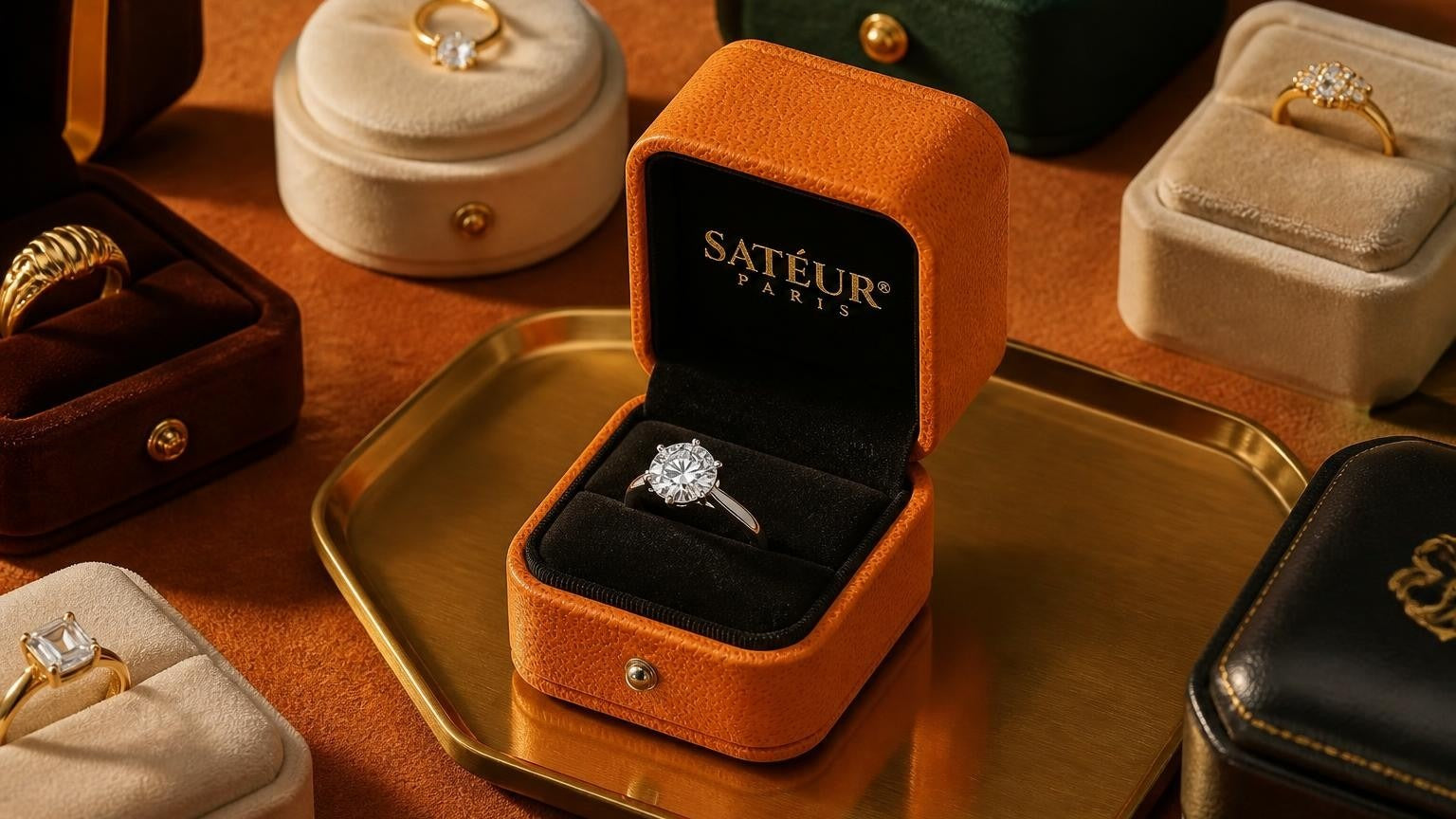 Open Satéur orange ring box with black velvet interior surrounded by assorted jewelry ring boxes on a warm suede surface
