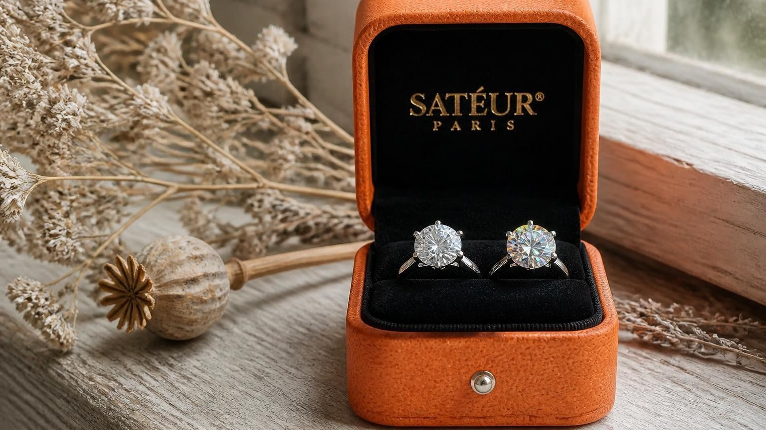 Lab diamond sparkle vs moissanite comparison — Satéur ring on country-house windowsill