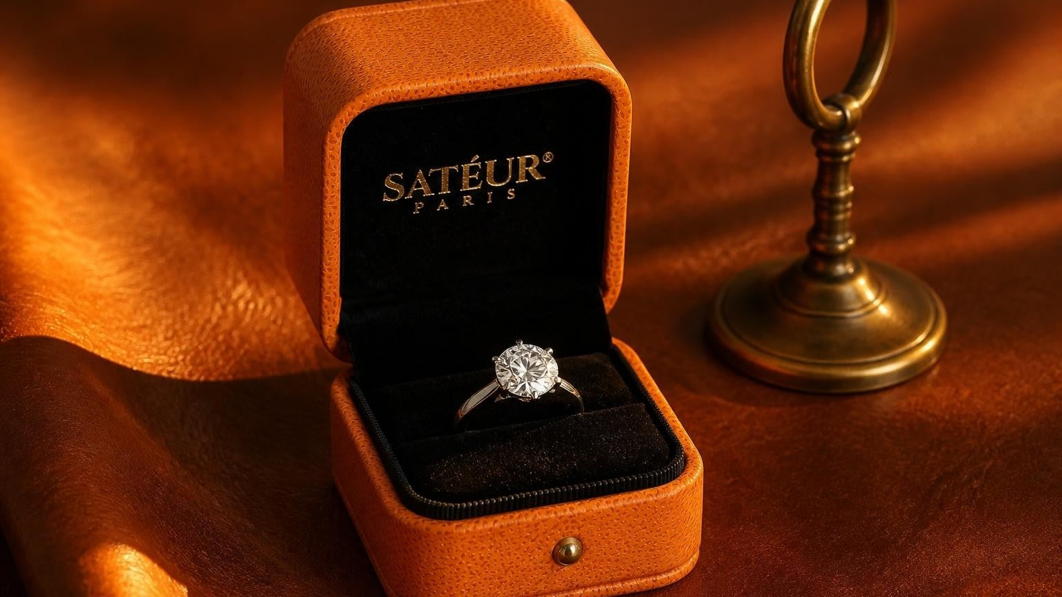 Moissanite vs fake diamonds — open Satéur box with moissanite solitaire ring on cognac leather