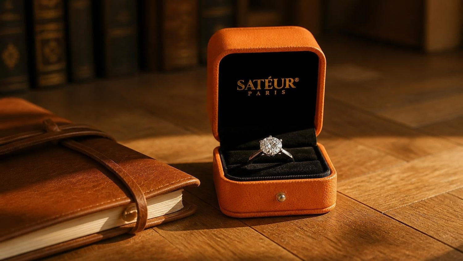 Moissanite ring in open Satéur box in warm library light