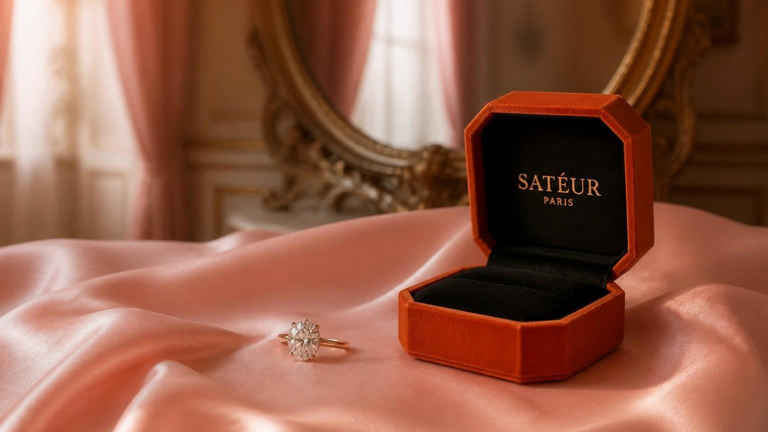 Is Moissanite Tacky? An elegant moissanite engagement ring in an open Satéur box on blush silk
