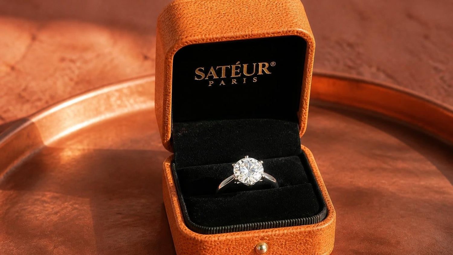 Moissanite ring in open Satéur box — moissanite vs cubic zirconia ring comparison