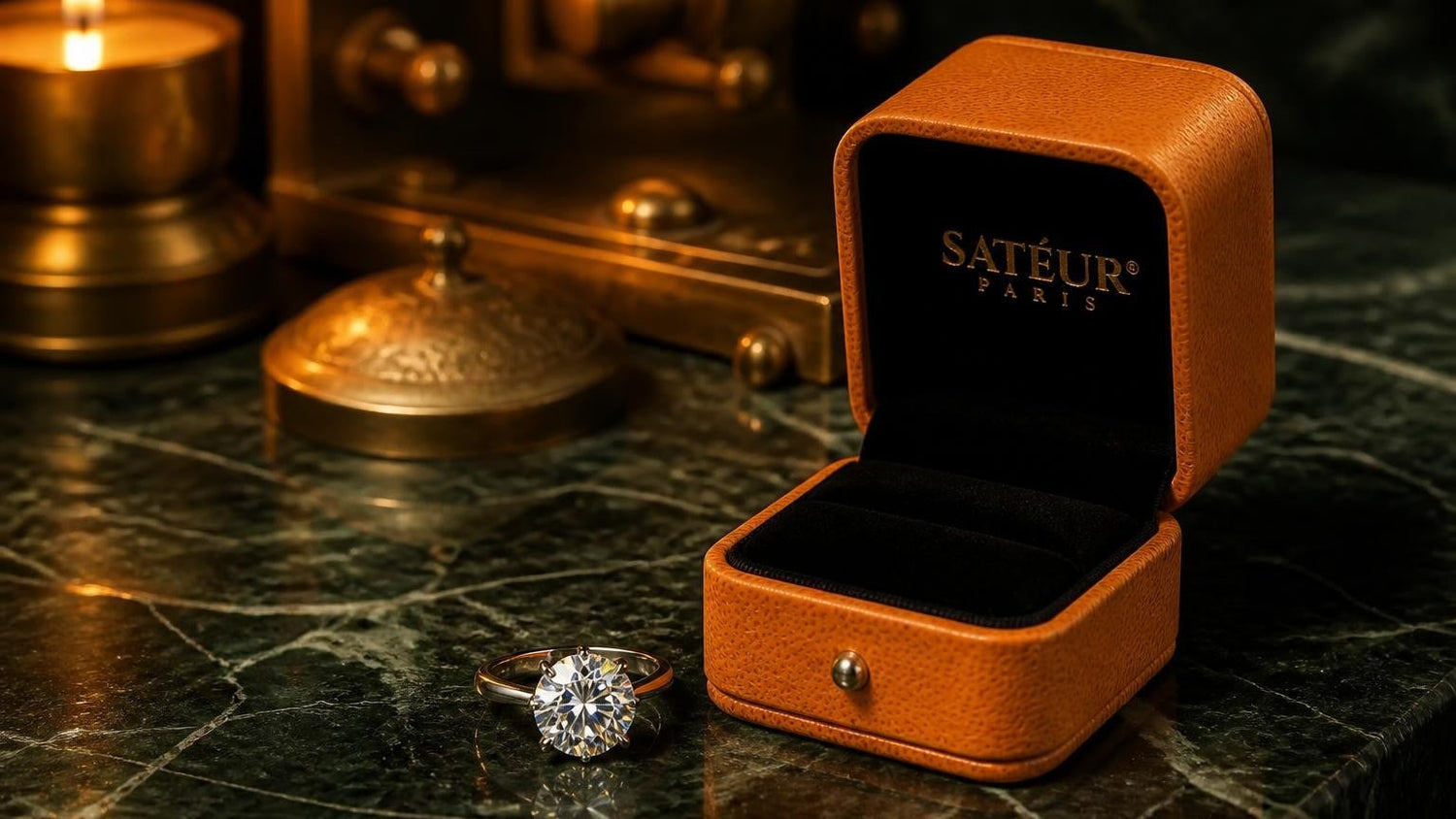 Moissanite vs diamond durability comparison — private jeweller's vault, emerald-green marble, candlelit