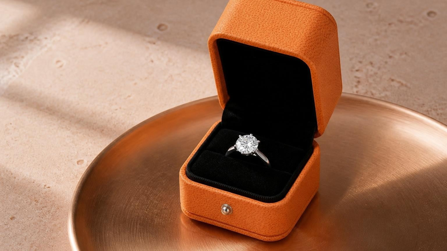 Satéur moissanite ring in open orange Satéur box on blush-peach travertine surface