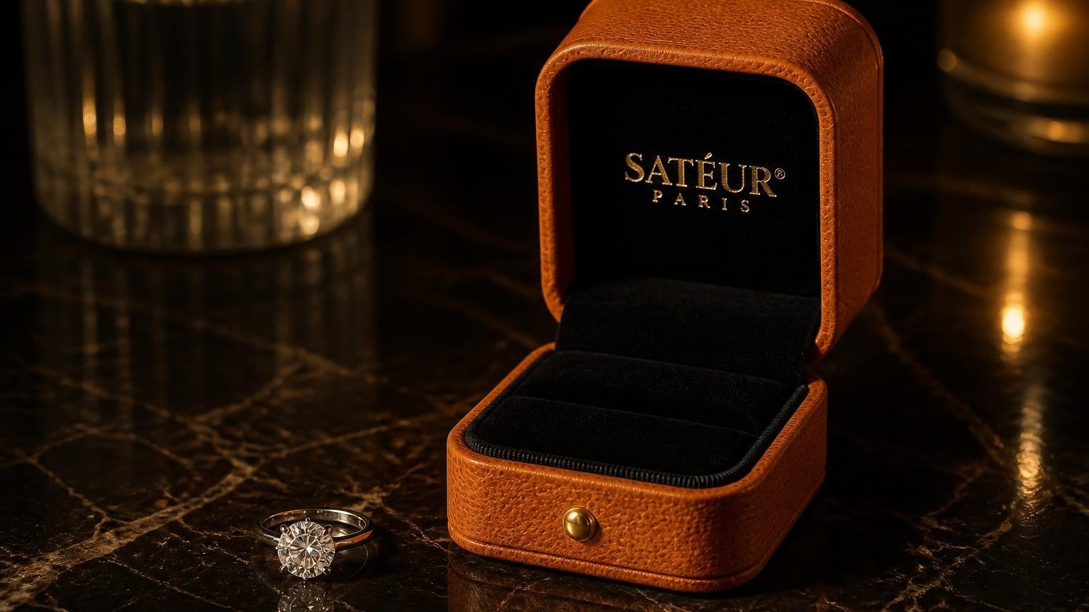A permission ring and open Satéur ring box on dark marble — self-purchase ring