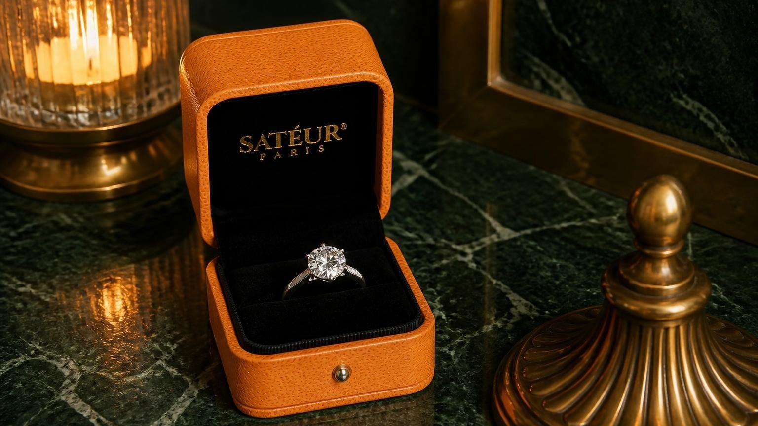 Satéur promotion-to-grandma ring in open orange box