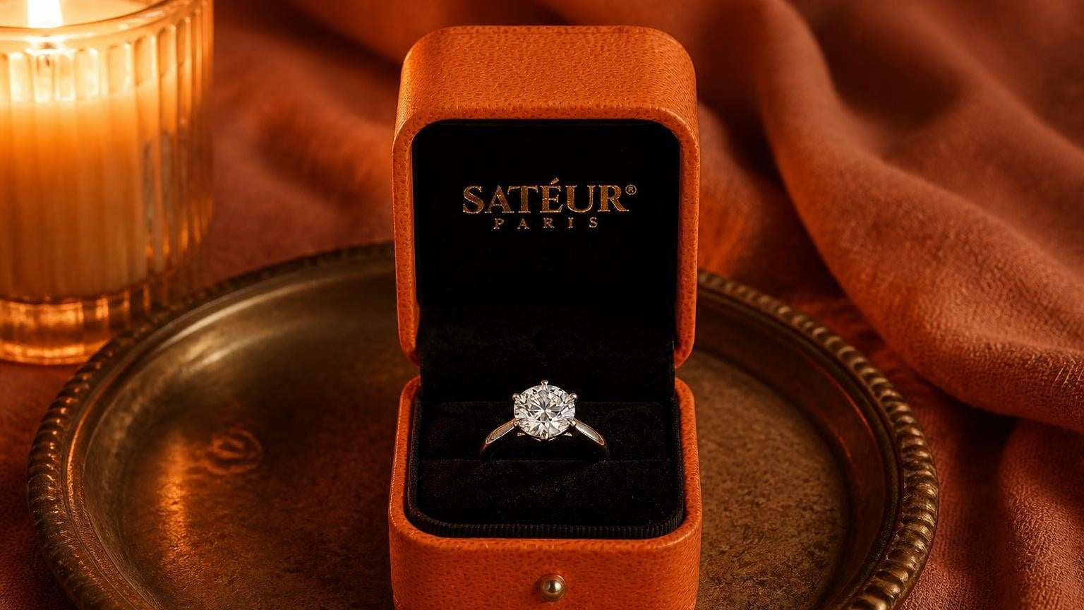 Open orange Satéur ring box with diamond simulant solitaire on black velvet — ring box guide
