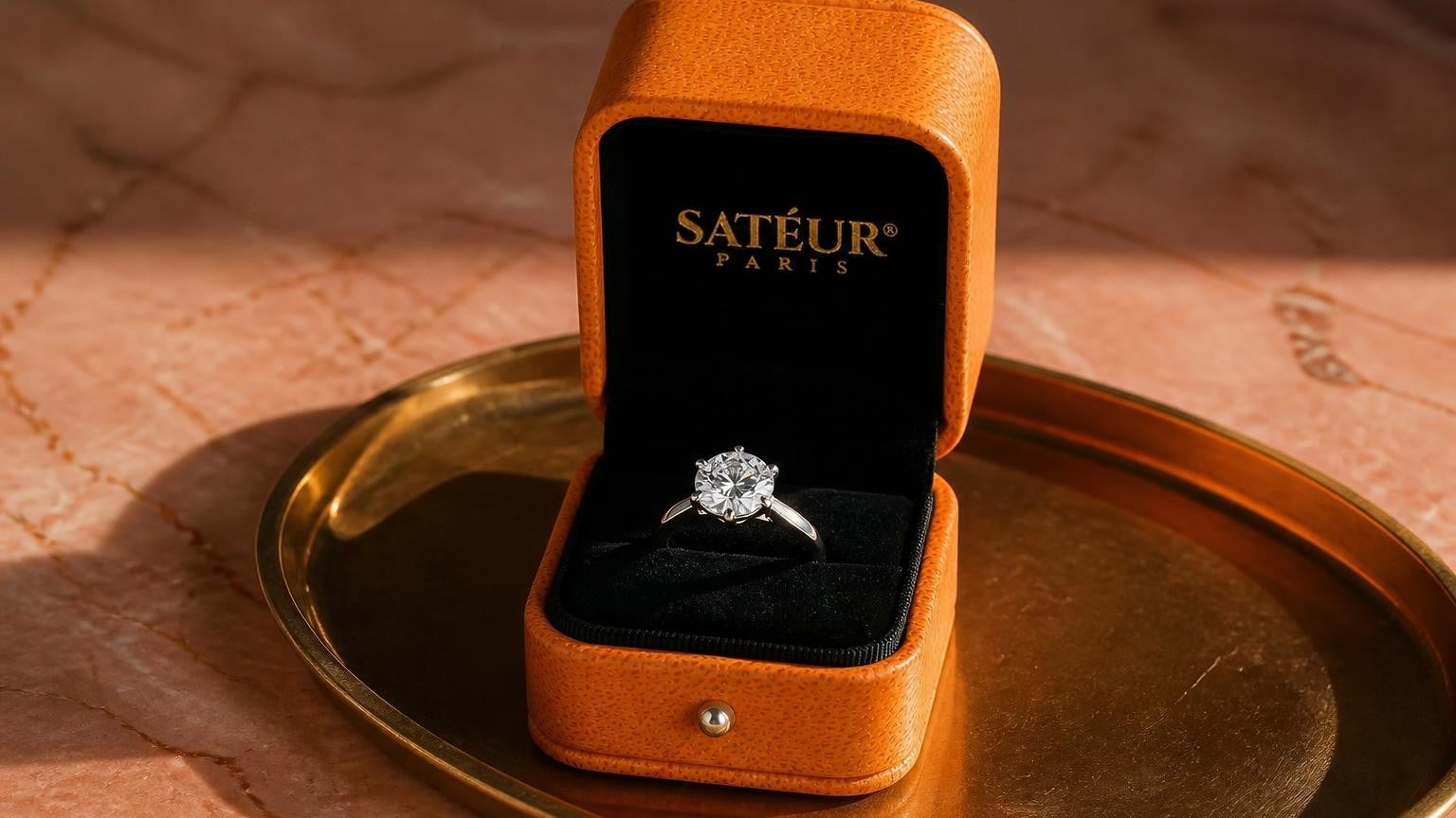 Moissanite ring in open Satéur box on marble tray