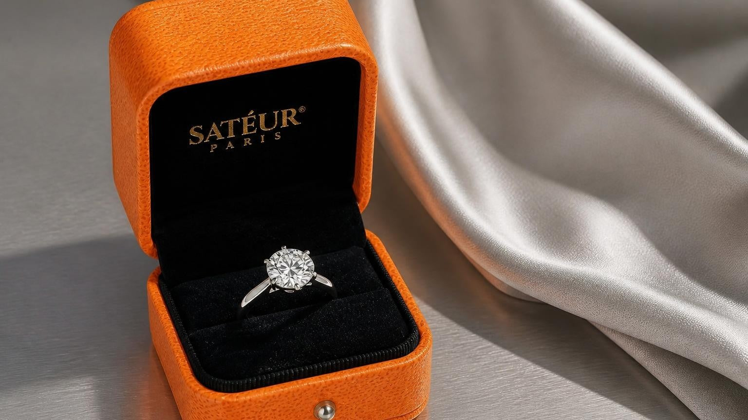 Simple moissanite solitaire ring in open Satéur ring box