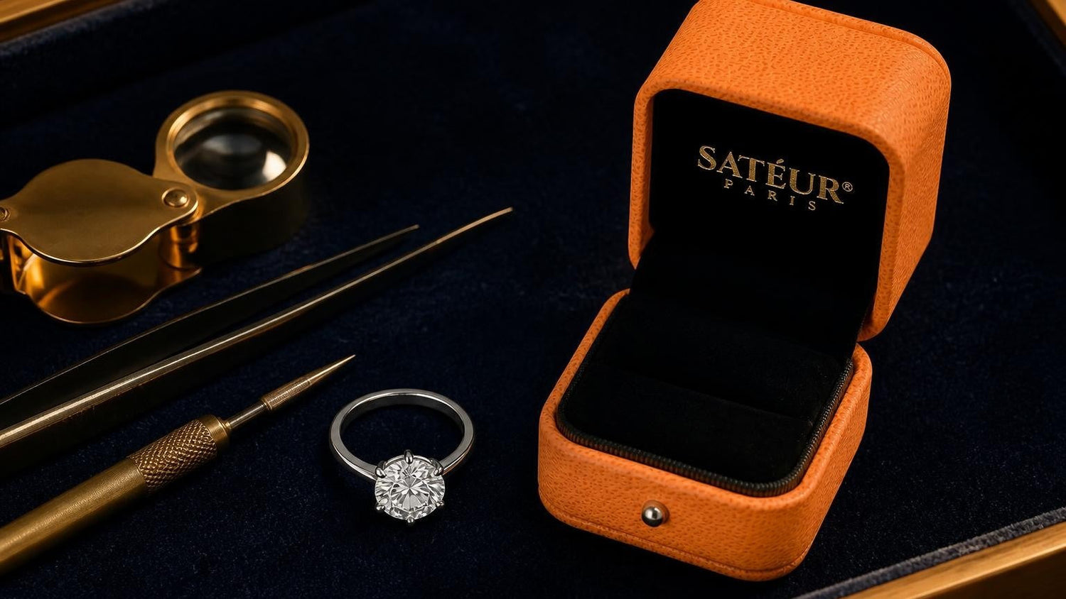 Satéur Gems diamond simulant ring on navy velvet with open orange Satéur box