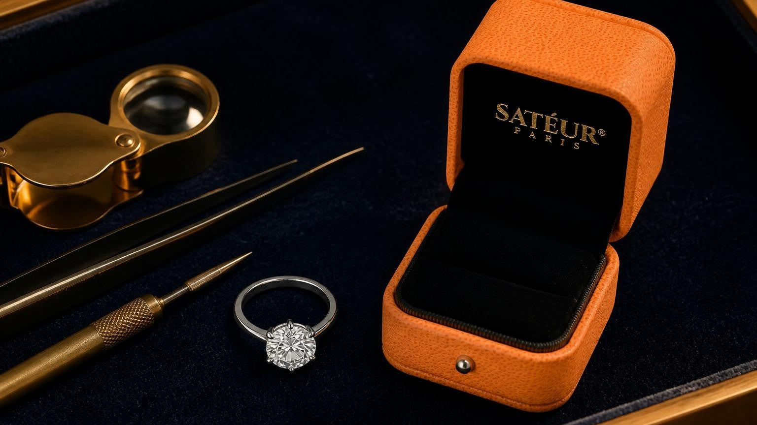 Satéur Gems diamond simulant ring on navy velvet with open orange Satéur box