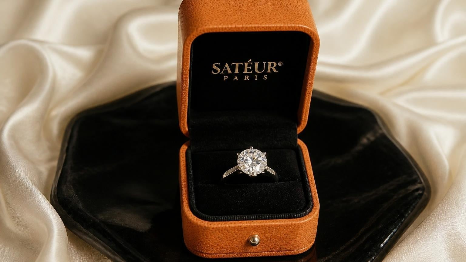 Open Satéur box with diamond simulant ring on ivory silk — how to evaluate a diamond ring