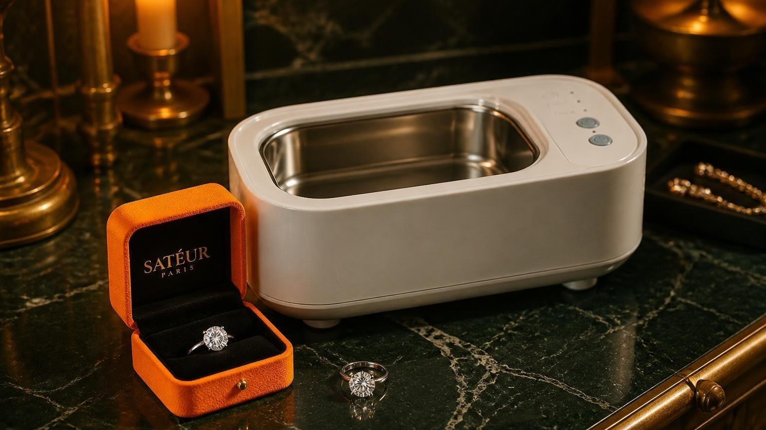 Satéur Ultrasonic Jewelry Cleaner with moissanite ring and open orange Satéur ring box