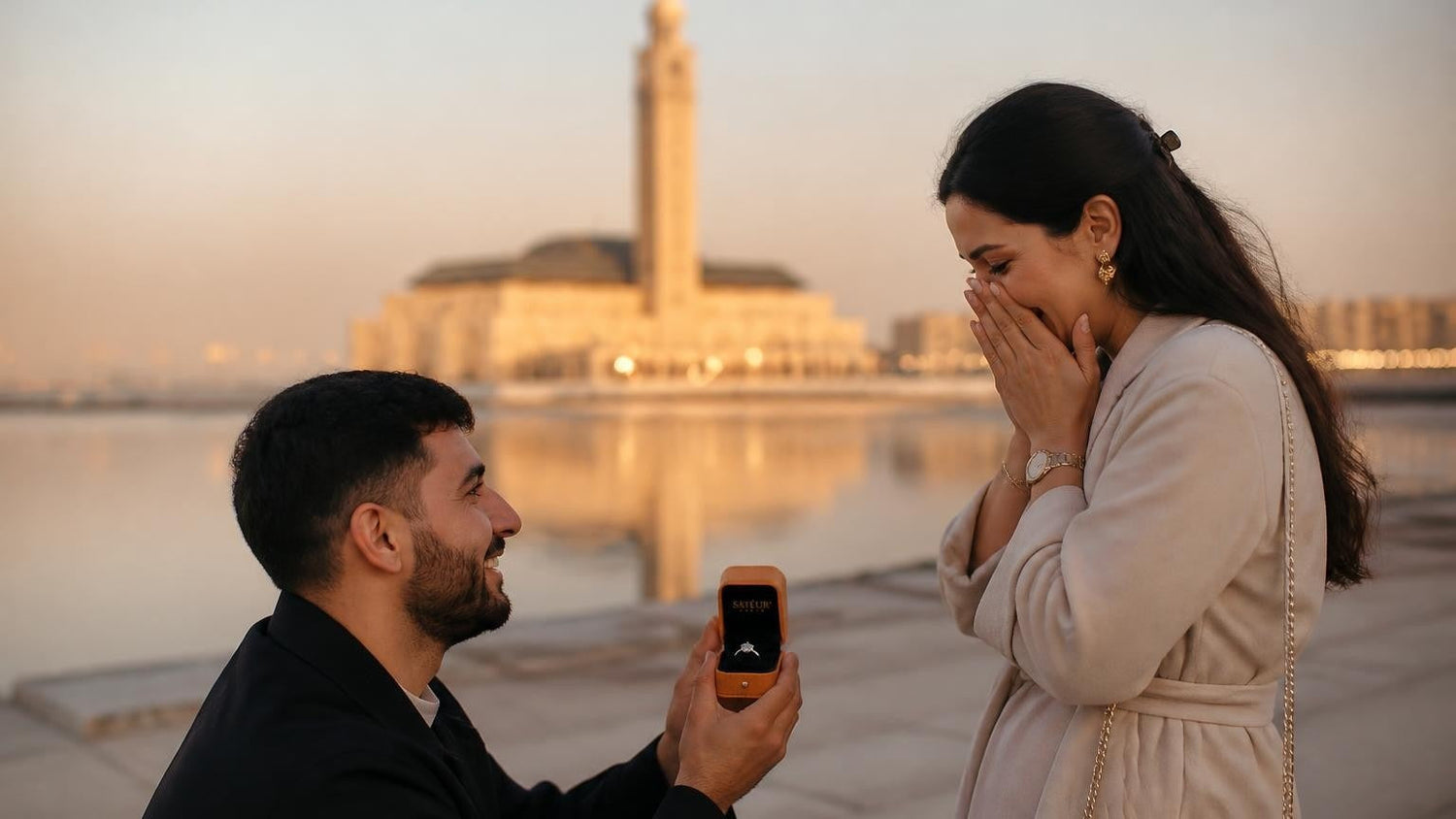 Marriage proposal in Algeria with the Satéur Destinée Ring — sunset over the Djamaa el-Djazaïr esplanade in Algiers