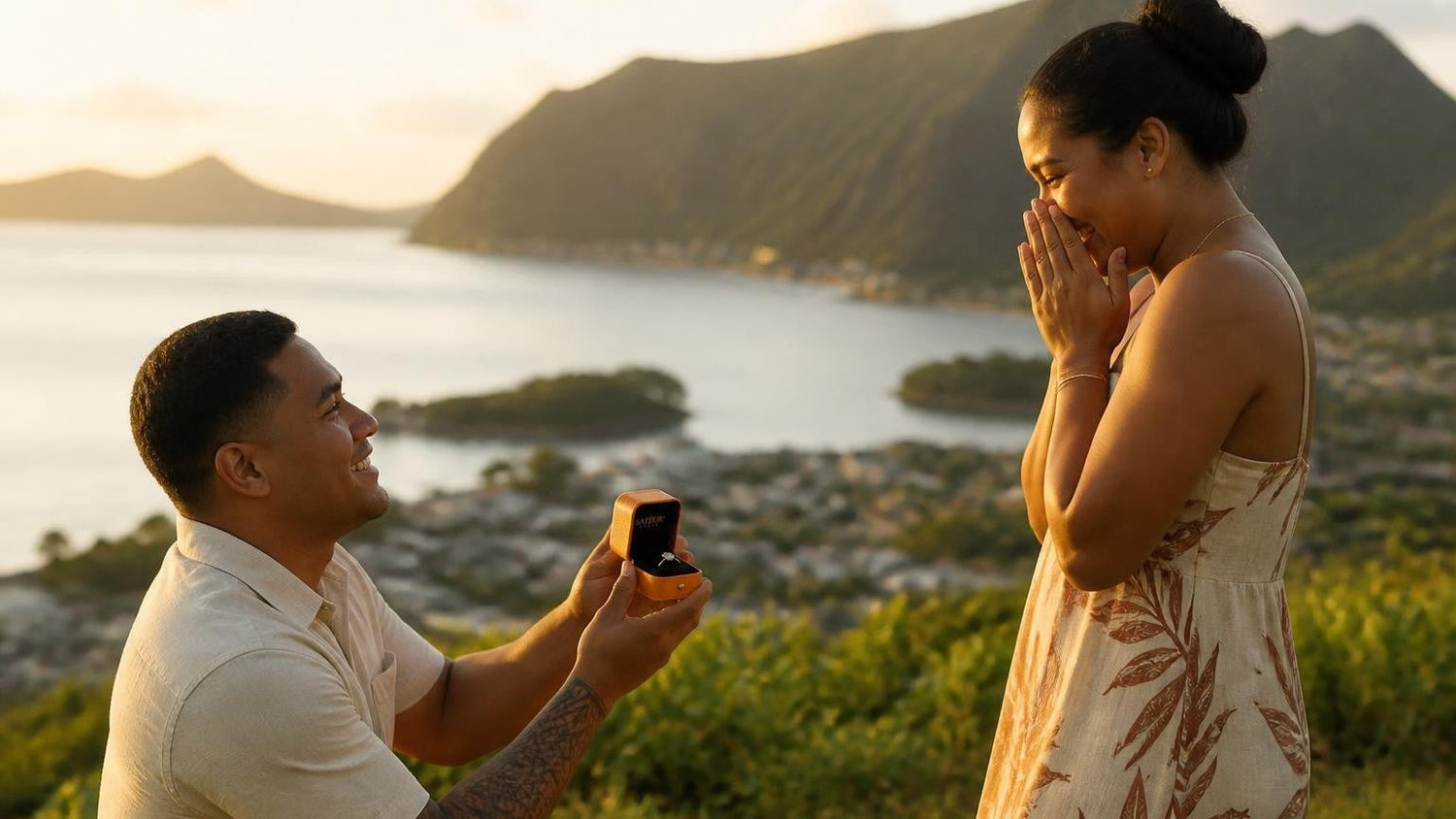 Marriage proposal in American Samoa with the Satéur Destinée Ring — atop Mt. Alava overlooking Pago Pago Harbour at golden hour