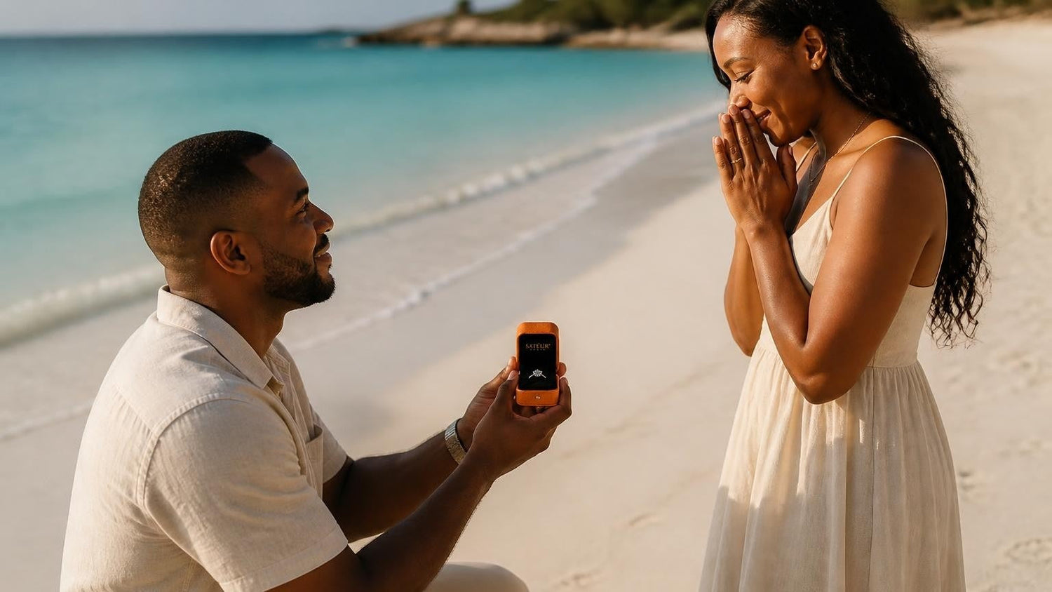 Marriage proposal in Anguilla with the Satéur Destinée Ring — sunset on Shoal Bay West's white sand