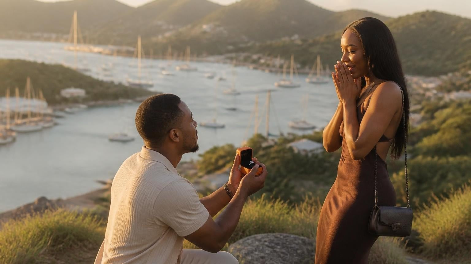 Marriage proposal in Antigua & Barbuda with the Satéur Destinée Ring — Nelson's Dockyard at golden hour
