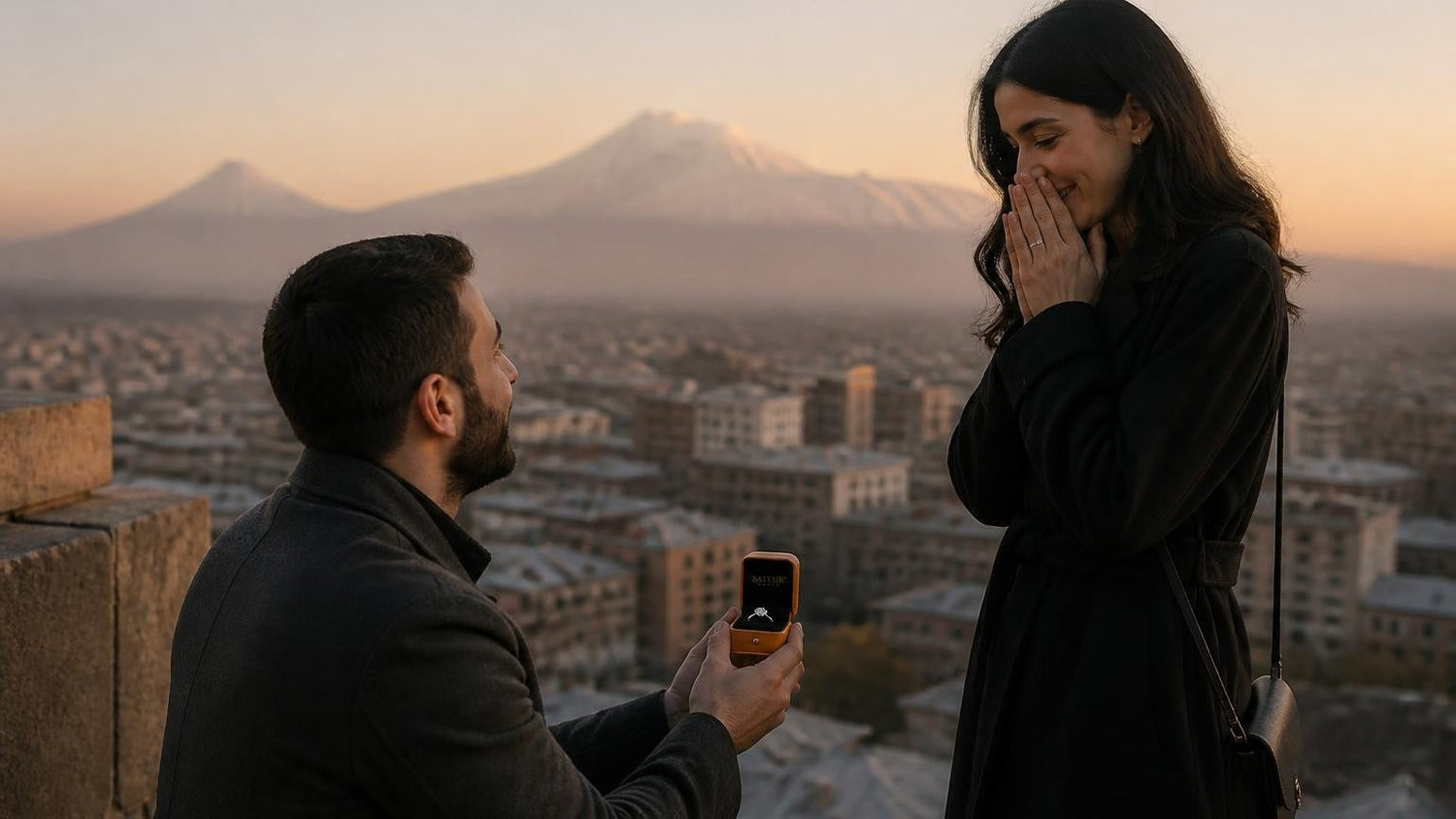 Marriage proposal in Armenia with the Satéur Destinée Ring — Khor Virap Monastery with Mount Ararat at sunrise