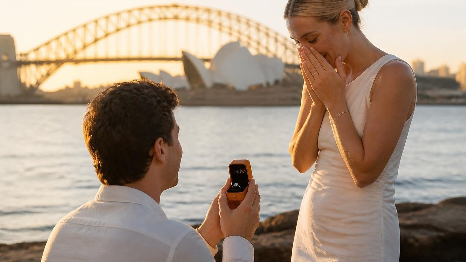 Marriage proposal in Australia with the Satéur Destinée Ring — couple at Sydney Harbour with the Opera House at golden hour