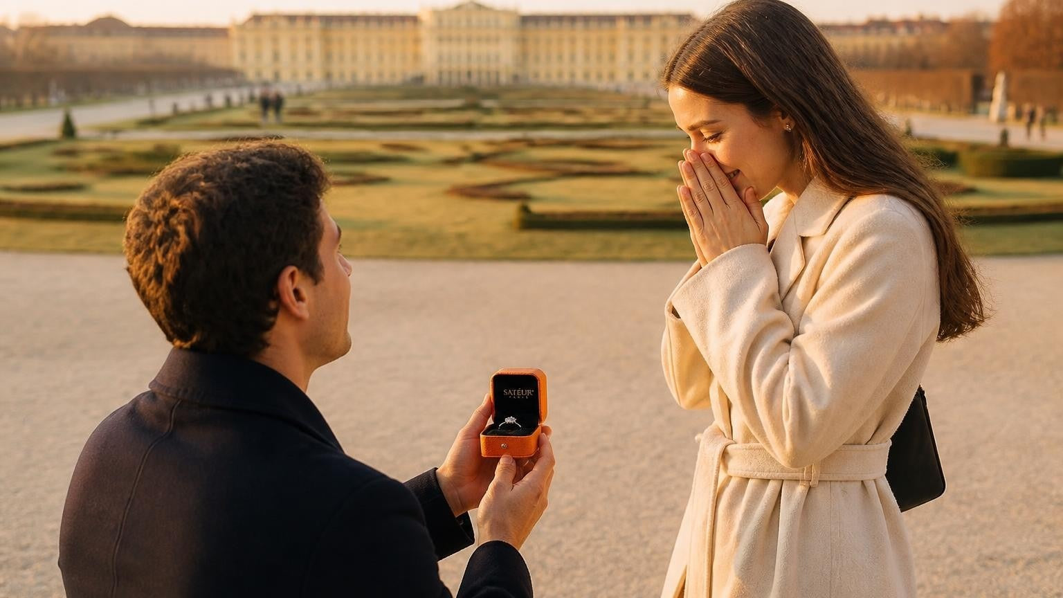Marriage proposal in Austria with the Satéur Destinée Ring — Schönbrunn Palace gardens at golden hour