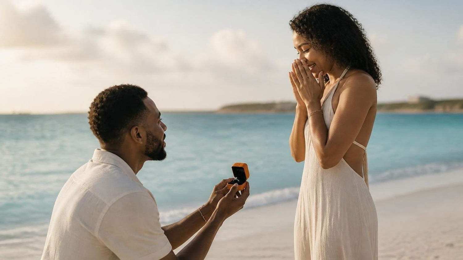 Marriage proposal in The Bahamas with the Satéur Destinée Ring — golden-hour moment on the turquoise Exuma Cays