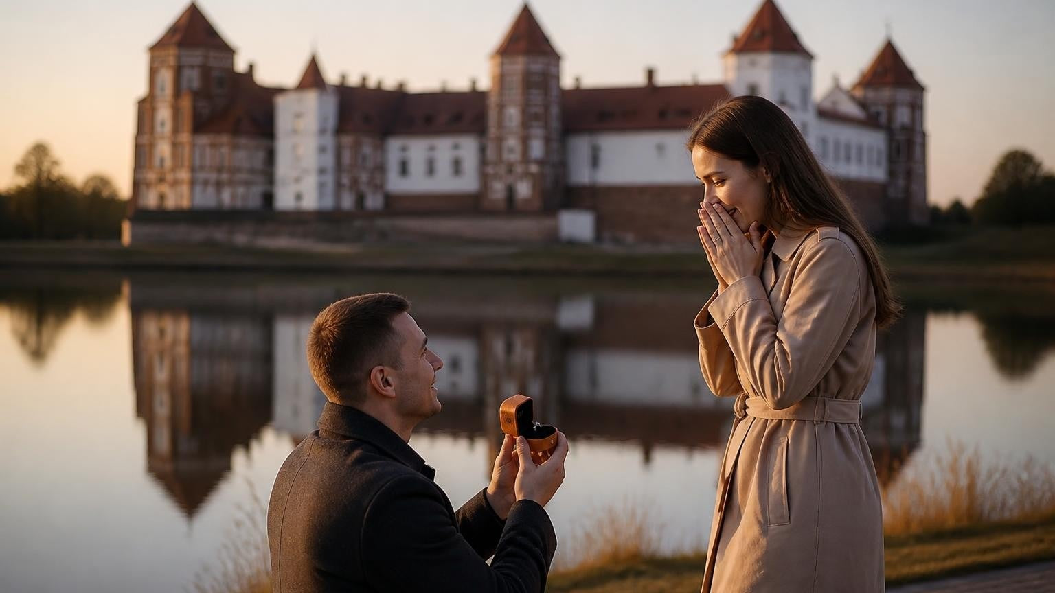 Marriage proposal in Belarus with the Satéur Destinée Ring — Mir Castle reflected in its lake at dusk