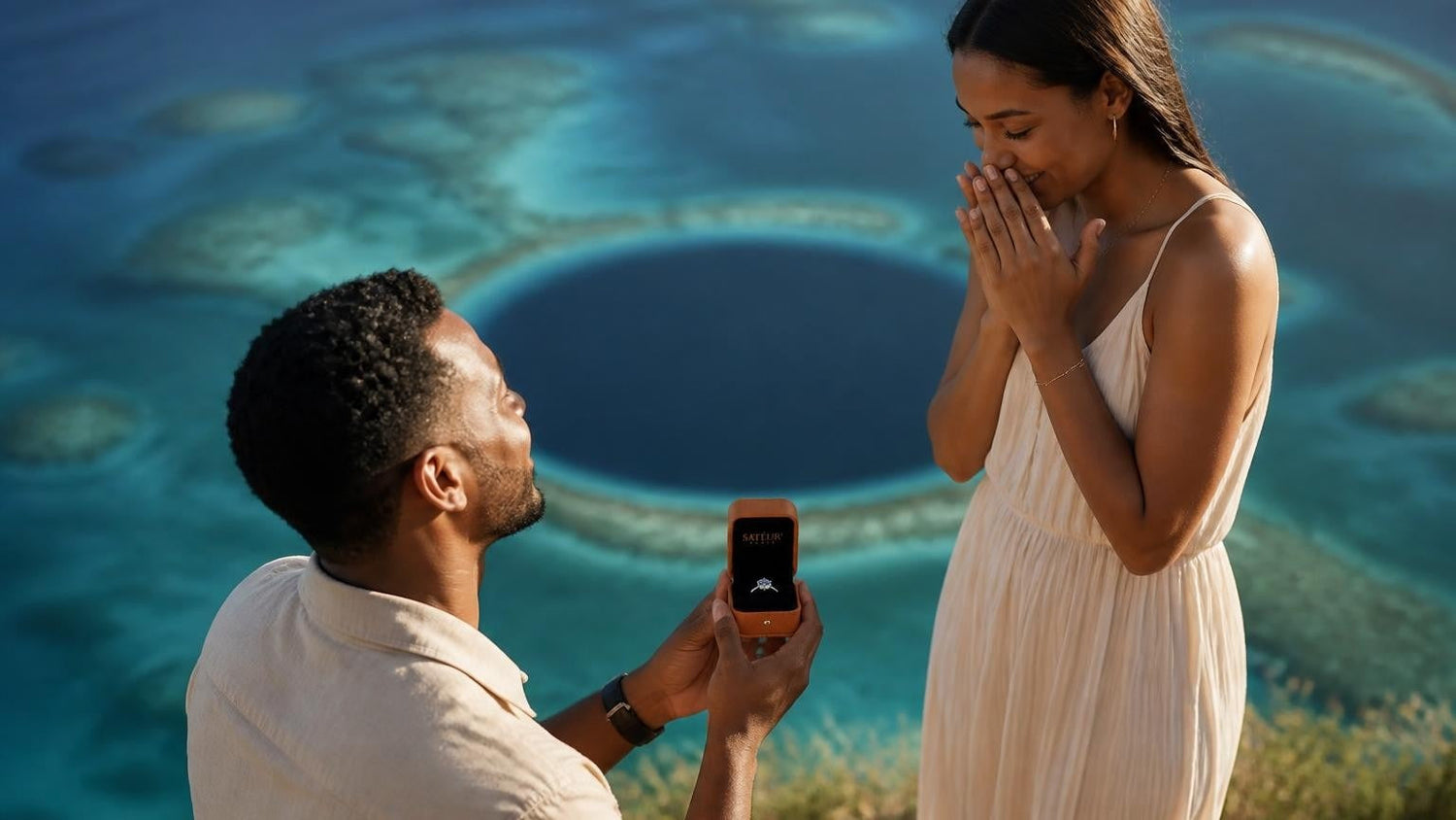 Marriage proposal in Belize with the Satéur Destinée Ring — sunrise over the Great Blue Hole