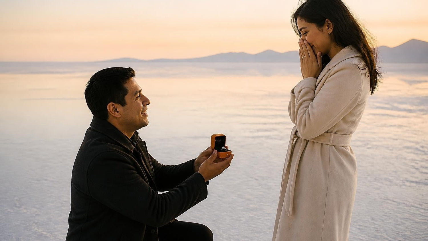 Marriage proposal in Bolivia with the Satéur Destinée Ring — sunrise on the Salar de Uyuni salt flats