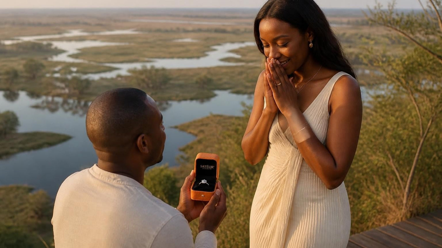 Marriage proposal in Botswana with the Satéur Destinée Ring — Okavango Delta at golden hour