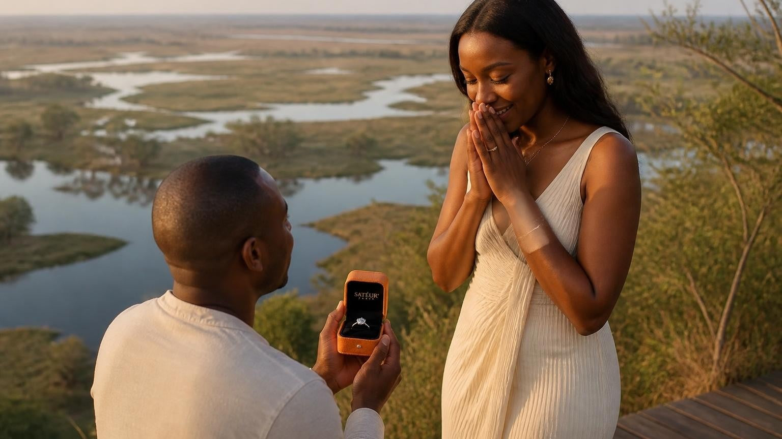 Marriage proposal in Botswana with the Satéur Destinée Ring — Okavango Delta at golden hour