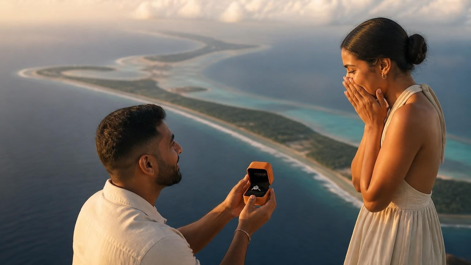 Marriage proposal in the British Indian Ocean Territory with the Satéur Destinée Ring — Diego Garcia atoll lagoon at sunrise