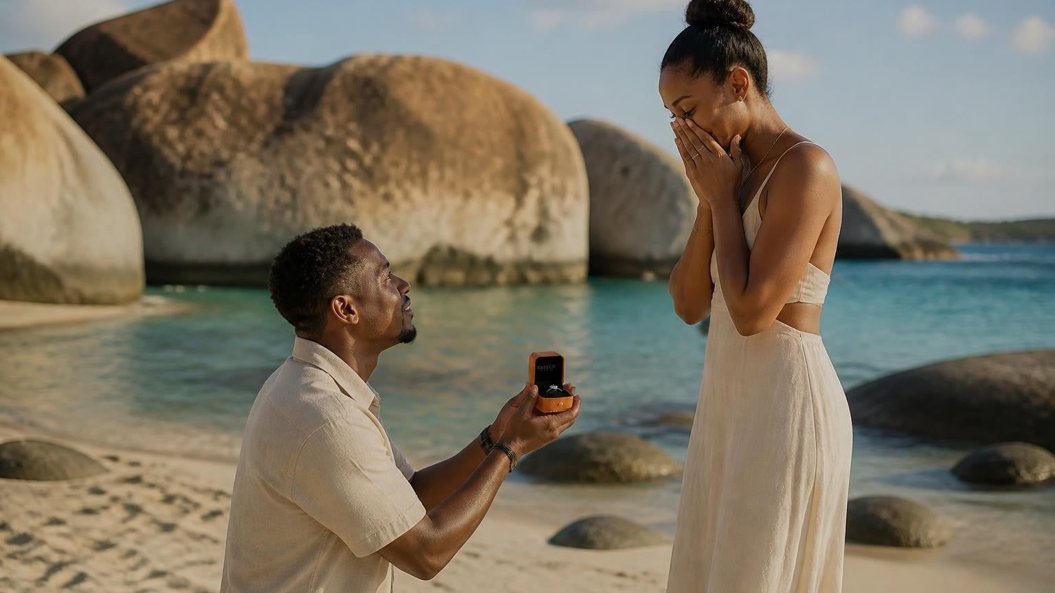 Marriage proposal in the British Virgin Islands with the Satéur Destinée Ring — sunset among the granite boulders at The Baths, Virgin Gorda
