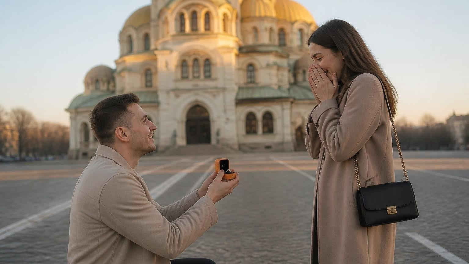 Marriage proposal in Bulgaria with the Satéur Destinée Ring — couple before the golden domes of Alexander Nevsky Cathedral, Sofia