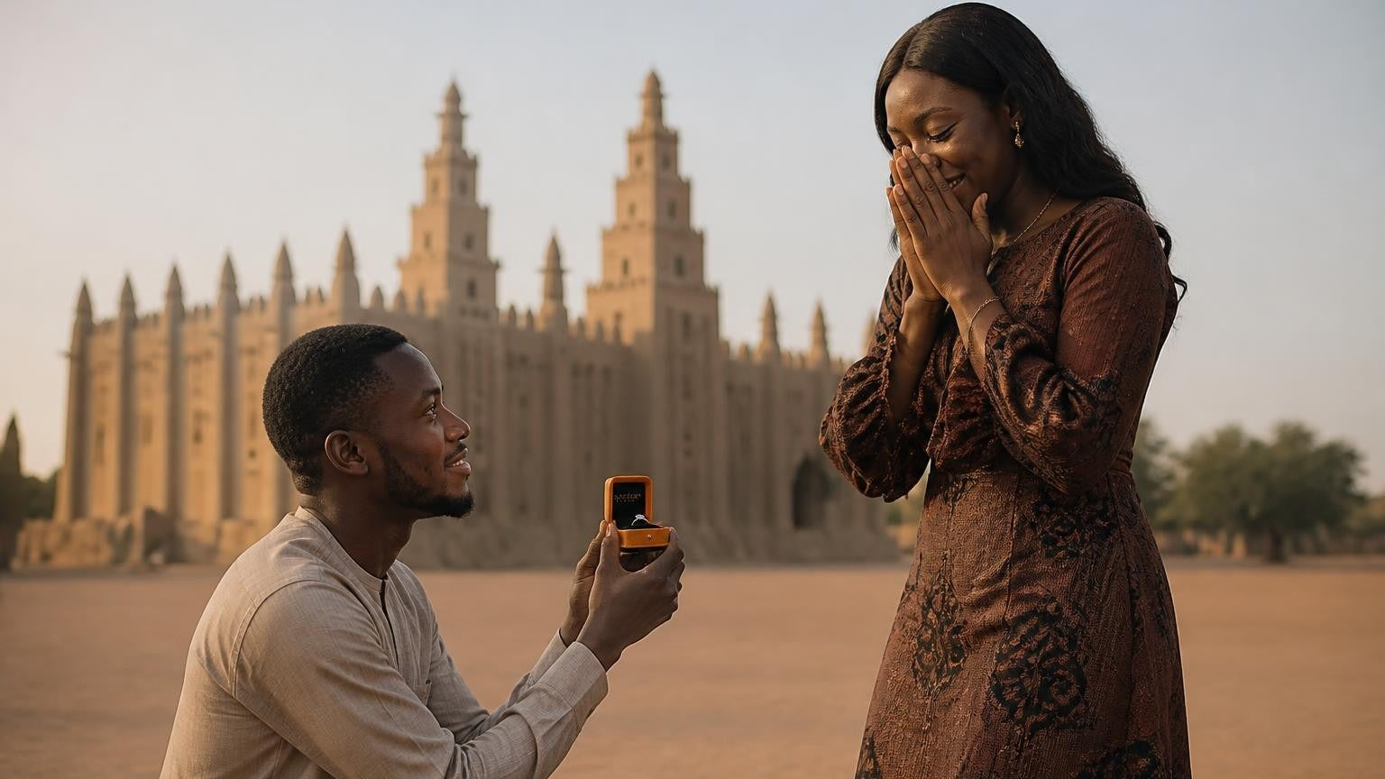 Marriage proposal in Burkina Faso with the Satéur Destinée Ring — couple at the Cascades de Karfiguéla near Banfora at golden hour