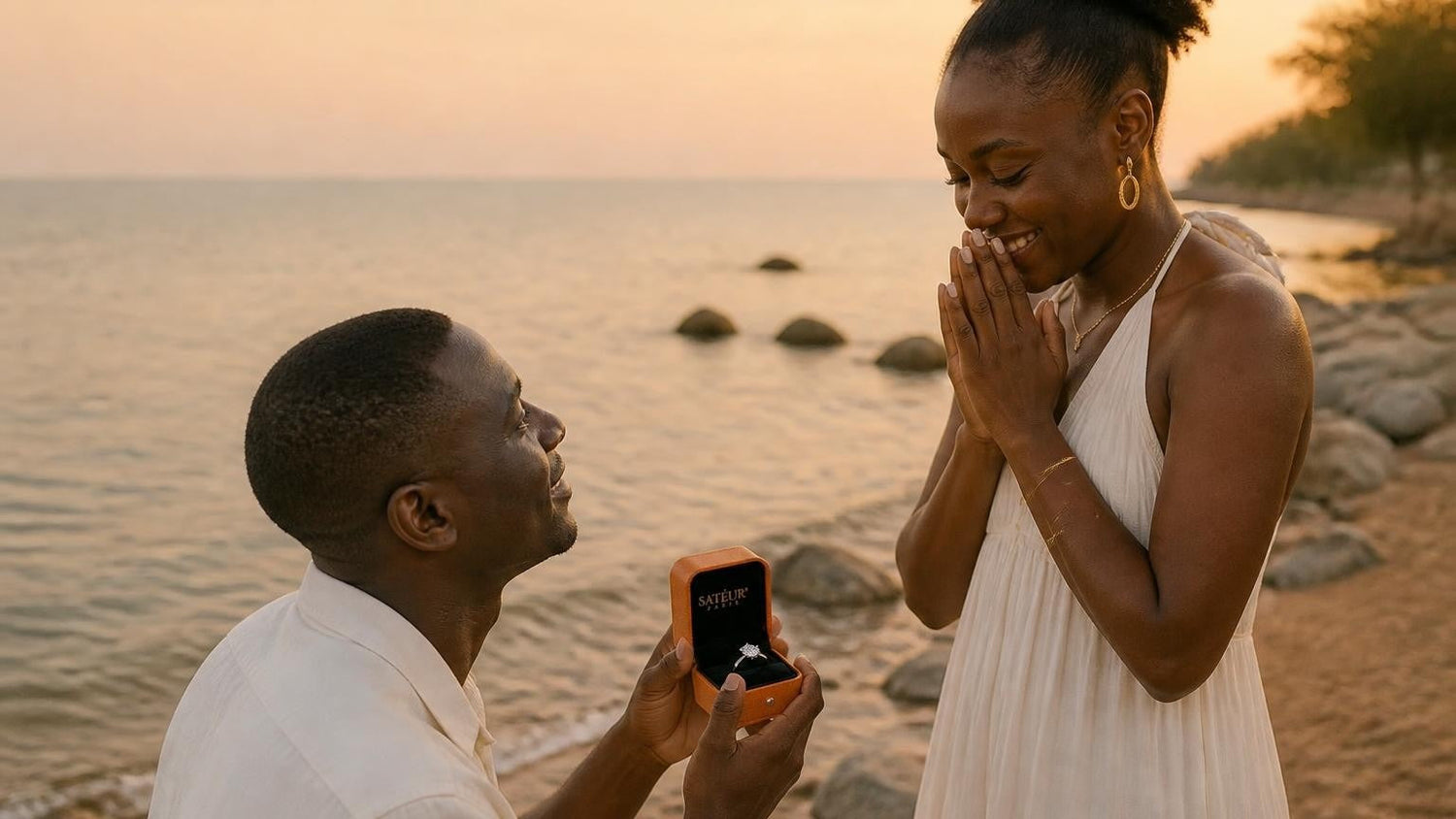 Marriage proposal in Burundi with the Satéur Destinée Ring — sunrise on the Lake Tanganyika shoreline