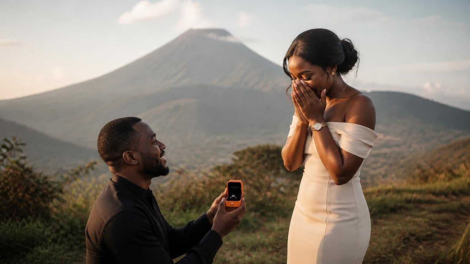 Marriage proposal in Cameroon with the Satéur Destinée Ring — couple on the lower slopes of Mount Cameroon at golden hour